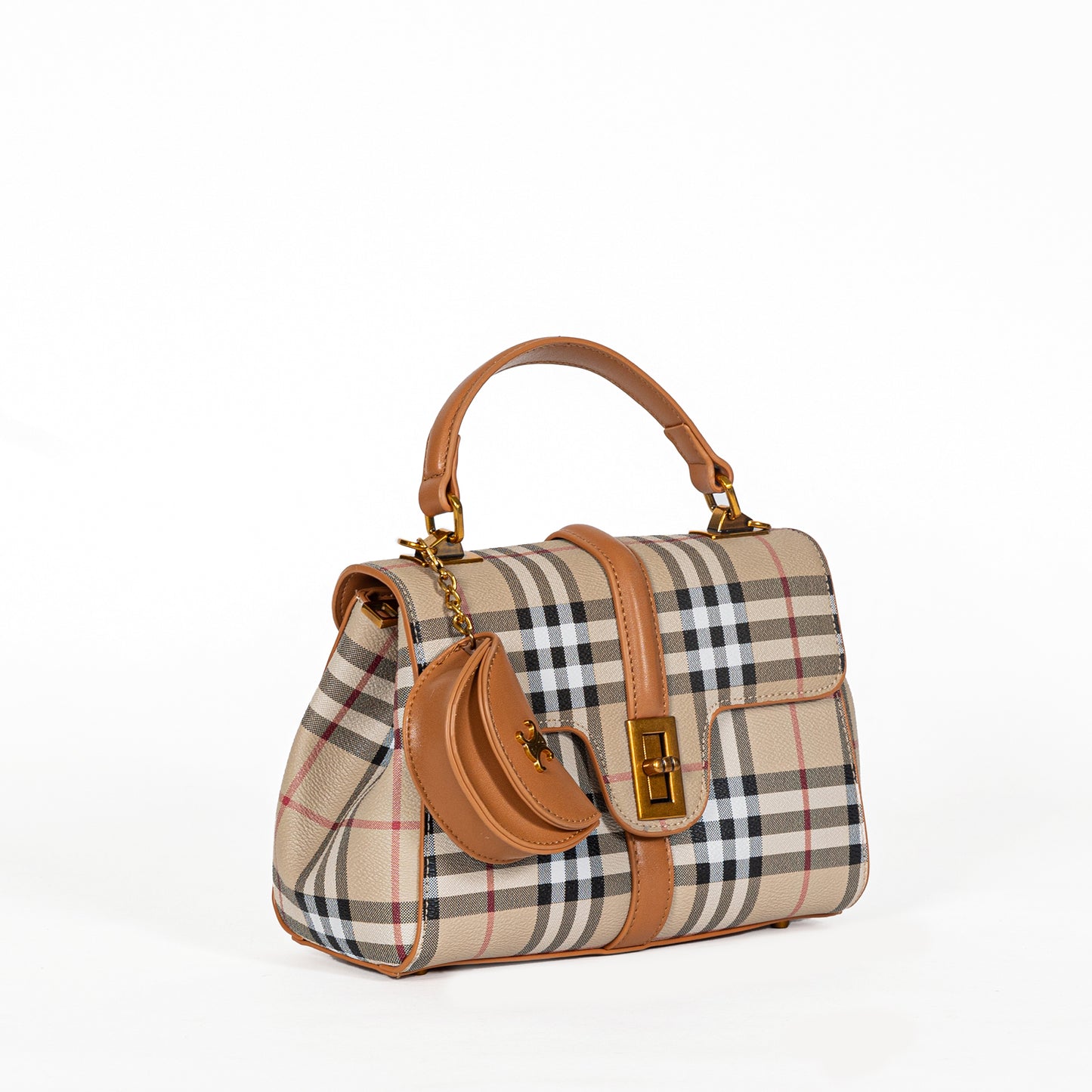 The Miss Caprice Brianne tote is plaid-patterned with tan accents, a gold clasp, and a mini pouch on the handle.