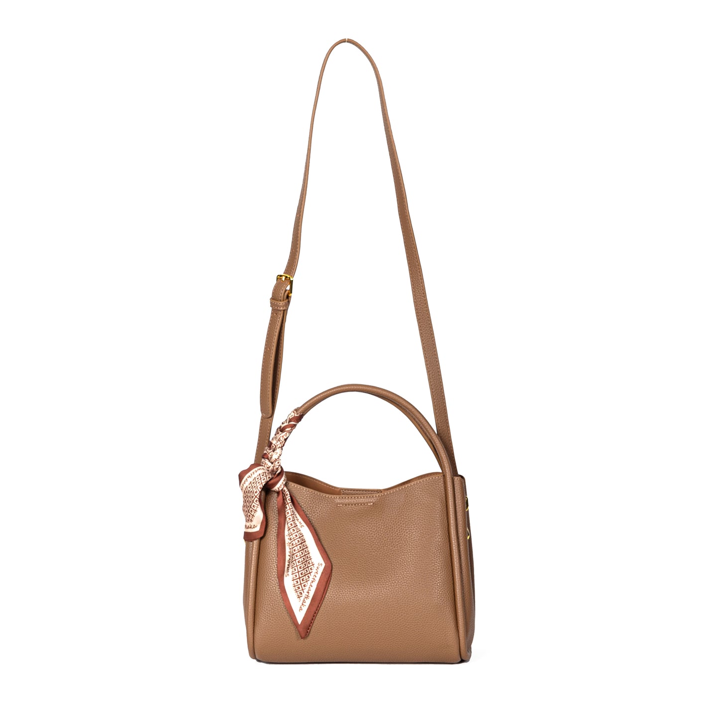 The Miss Caprice Abby Tote, with a spacious interior and adjustable strap, features a scarf-tied brown leather handle.