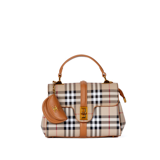 Product Image – Miss Caprice Brianne Tote: Plaid with tan accents, coin pouch, polished silhouette, brushed gold-toned hardware.