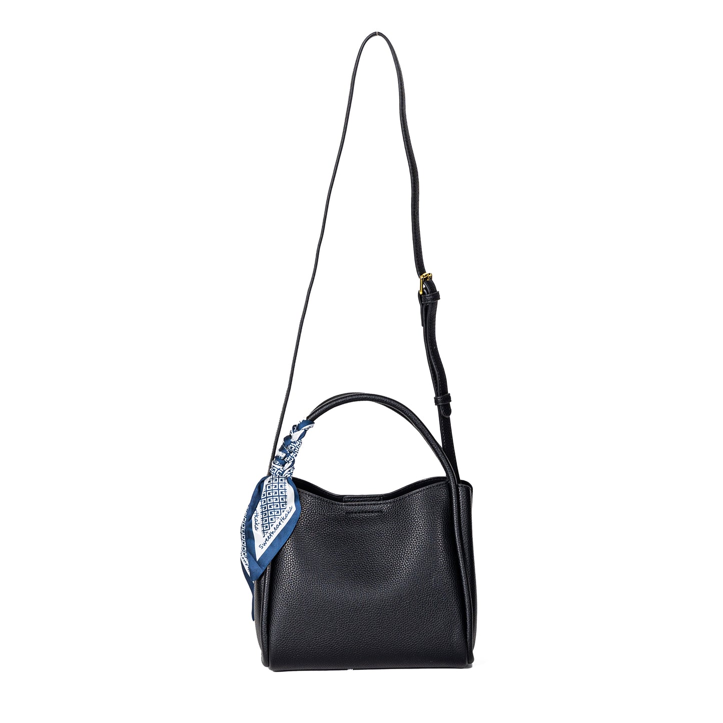 Miss Caprice Abby Tote: Black with adjustable strap, spacious interior, blue scarf handle.