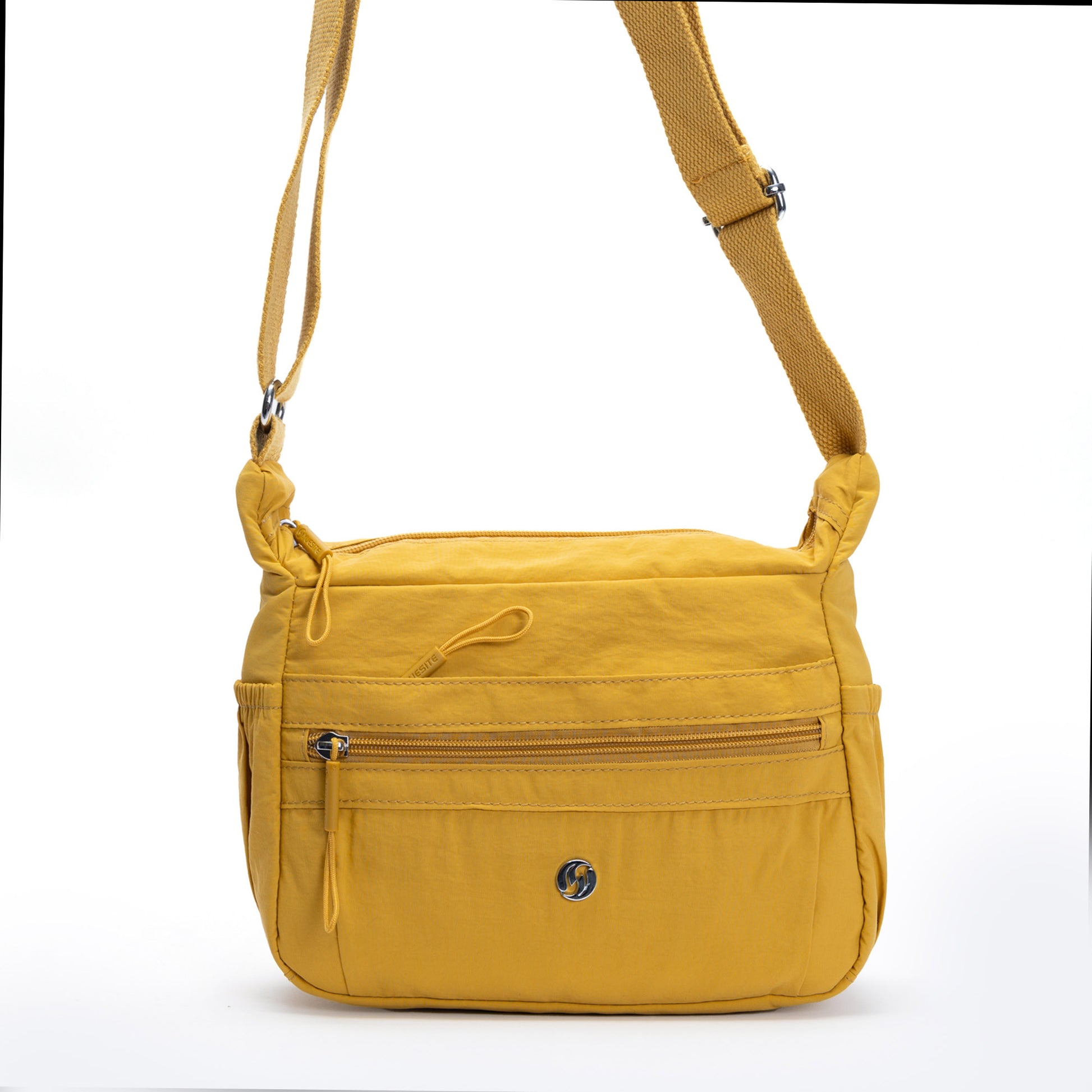 The Miss Caprice Multi-zip Small Hobo Crossbody is a yellow women's bag with multi pockets and adjustable strap.