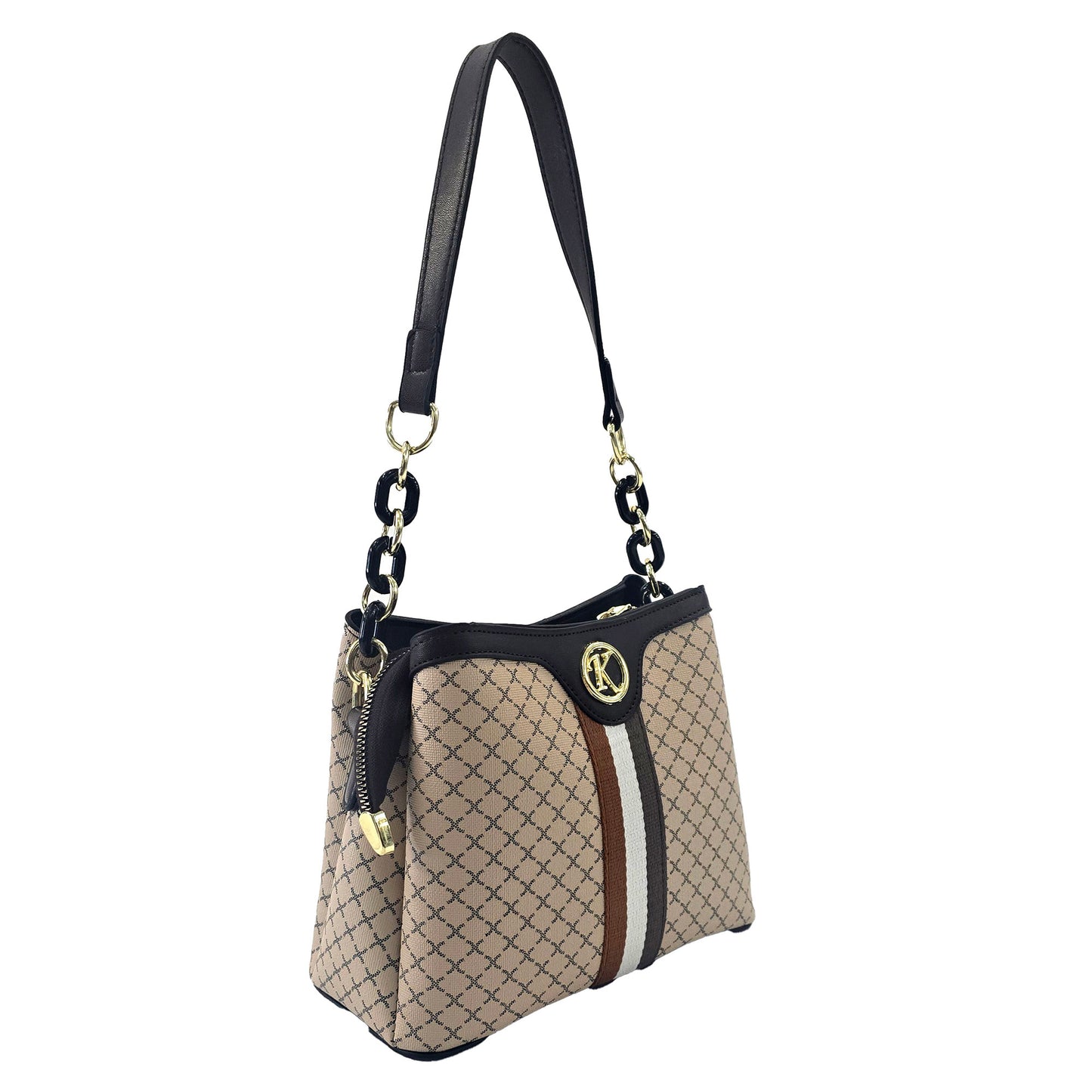 Miss Caprice Patterned Handbag in cream with black handle and top accent, angled view.