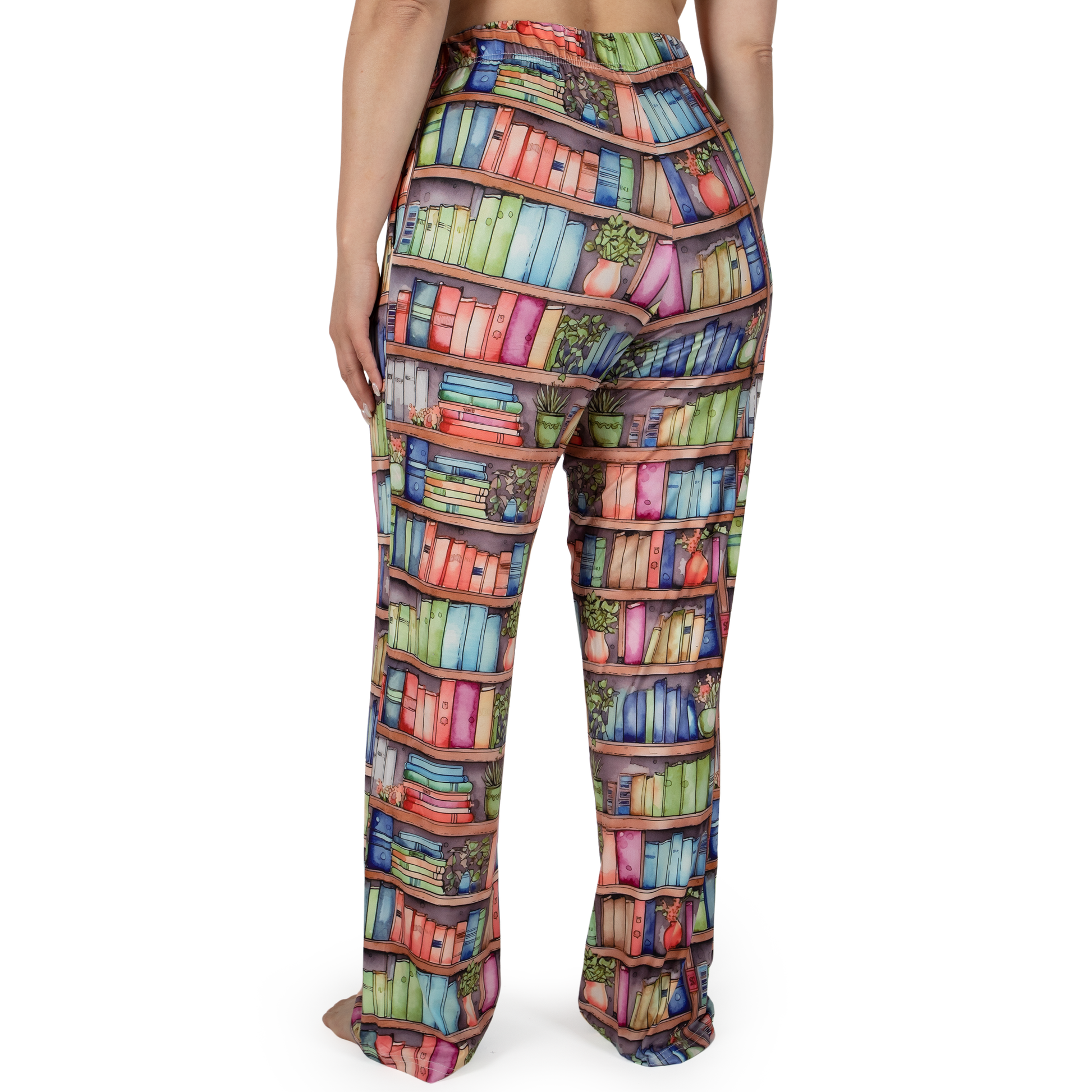 Model wears Brief Insanity "Just One More Chapter" lounge pants, back view against a white background.