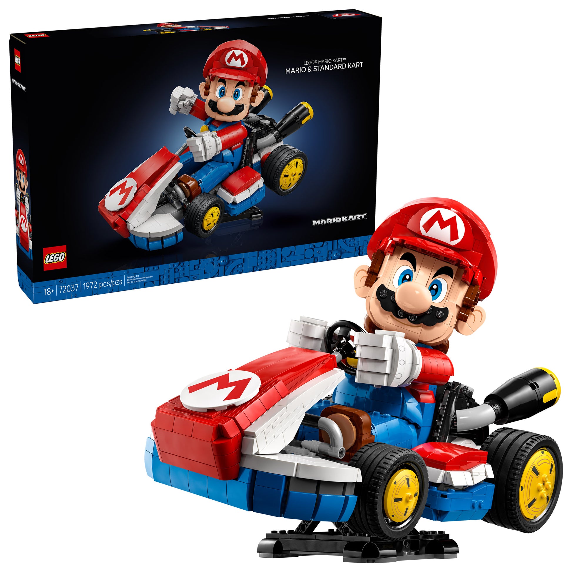 LEGO® Mario Kart™ – Mario & Standard Kart by LEGO, with set details shown on the box in the background.