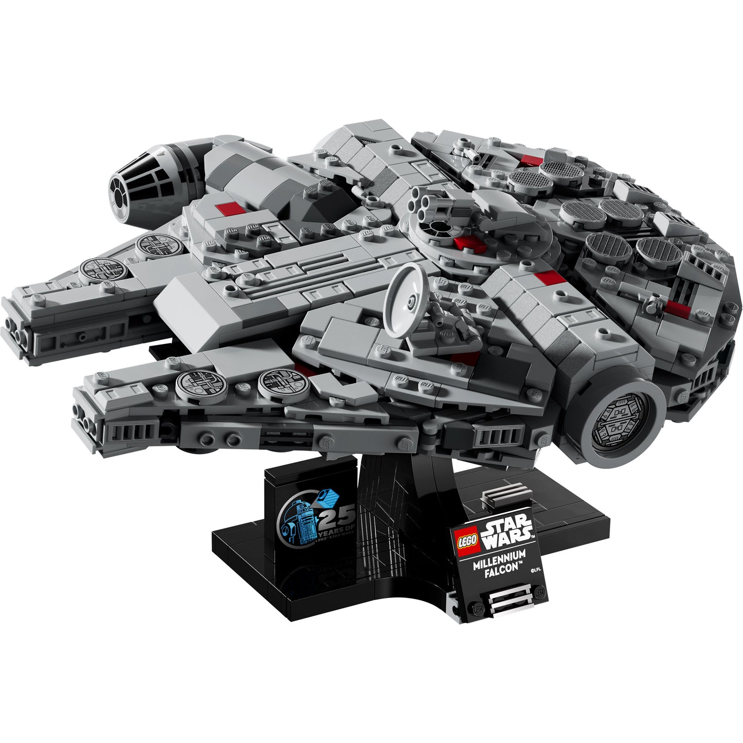 LEGO® Millennium Falcon™ - ONLINE ONLY on black stand with 25th anniversary badge, by LEGO.