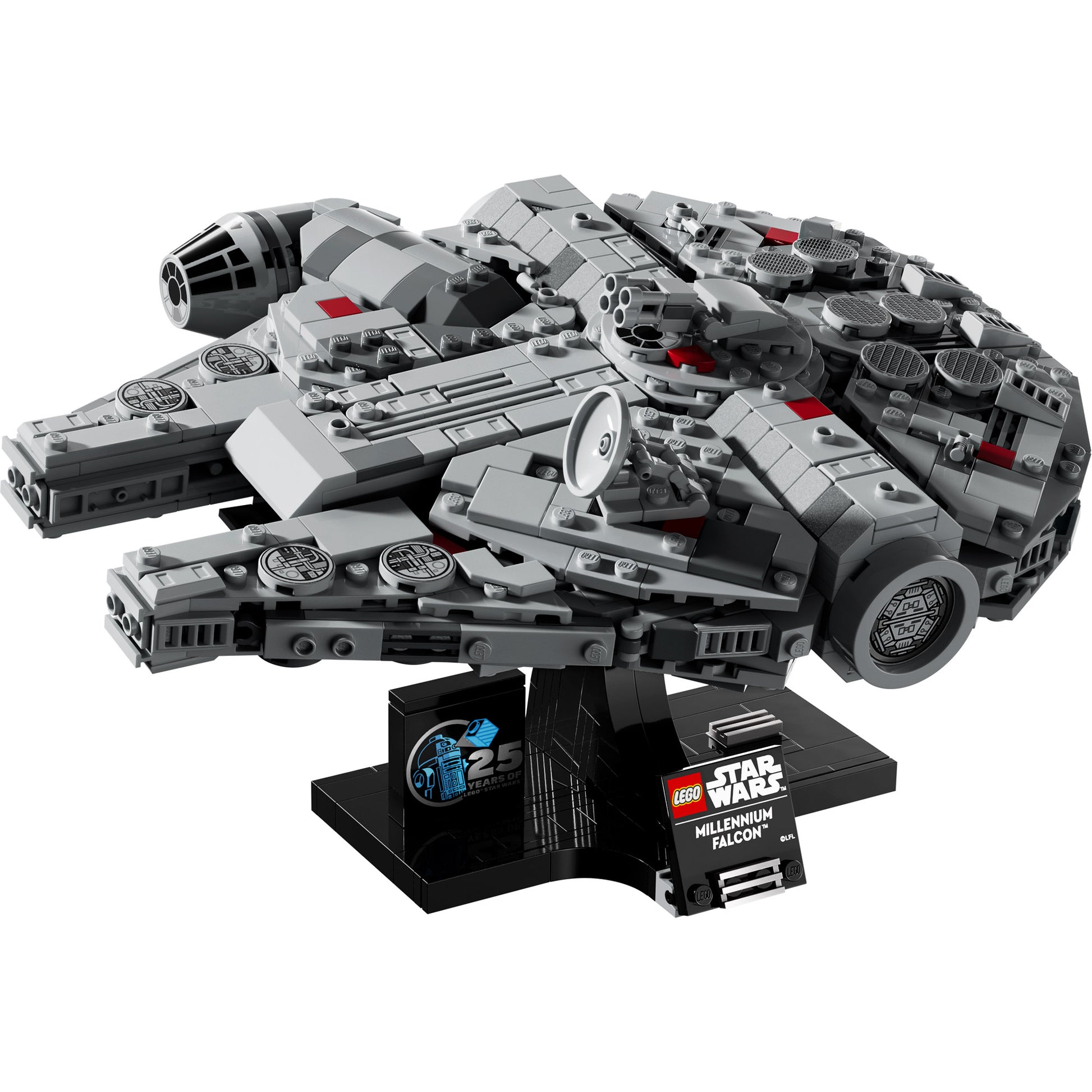 LEGO® Millennium Falcon™ - ONLINE ONLY on black stand with 25th anniversary badge, by LEGO.
