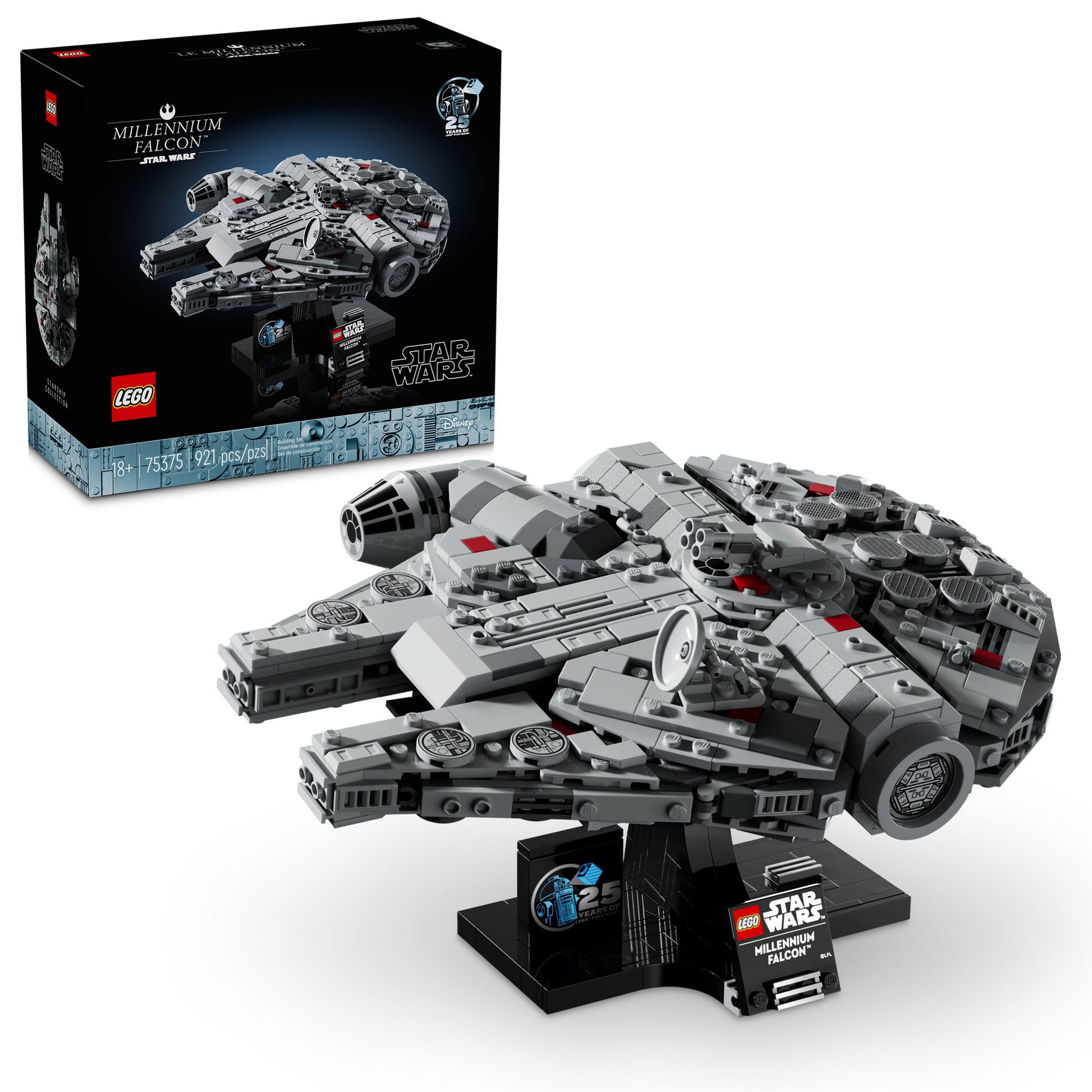 LEGO® Millennium Falcon™ by LEGO, ONLINE ONLY, displayed on a stand with box in the background.