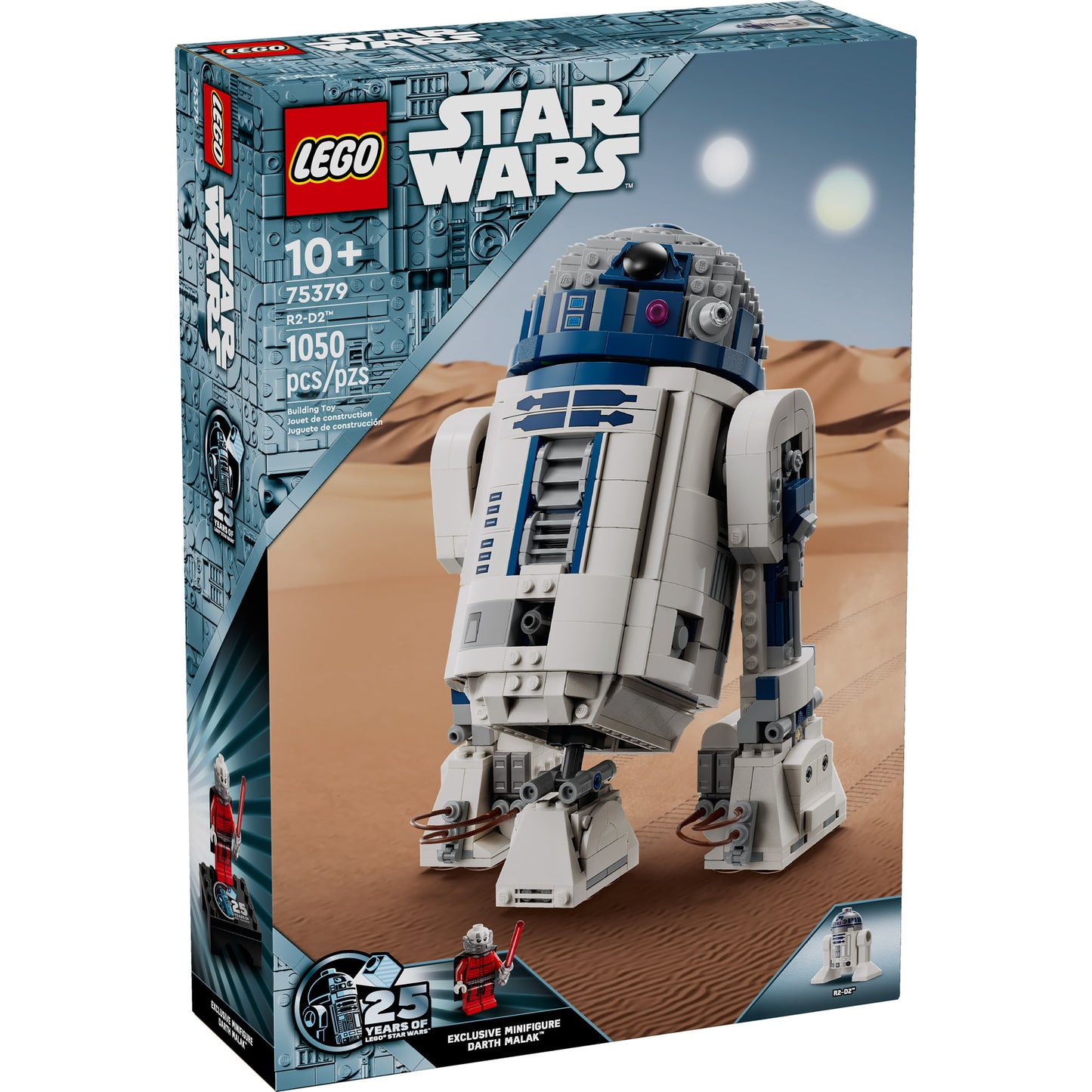 LEGO® R2-D2™ set, 1050 pieces, for ages 10+, in a desert scene box—perfect for Star Wars fans.