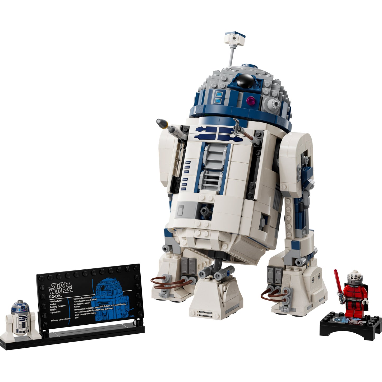 LEGO® R2-D2™ set with info plaque, droid figure, and red minifigure—ideal Star Wars collectible.