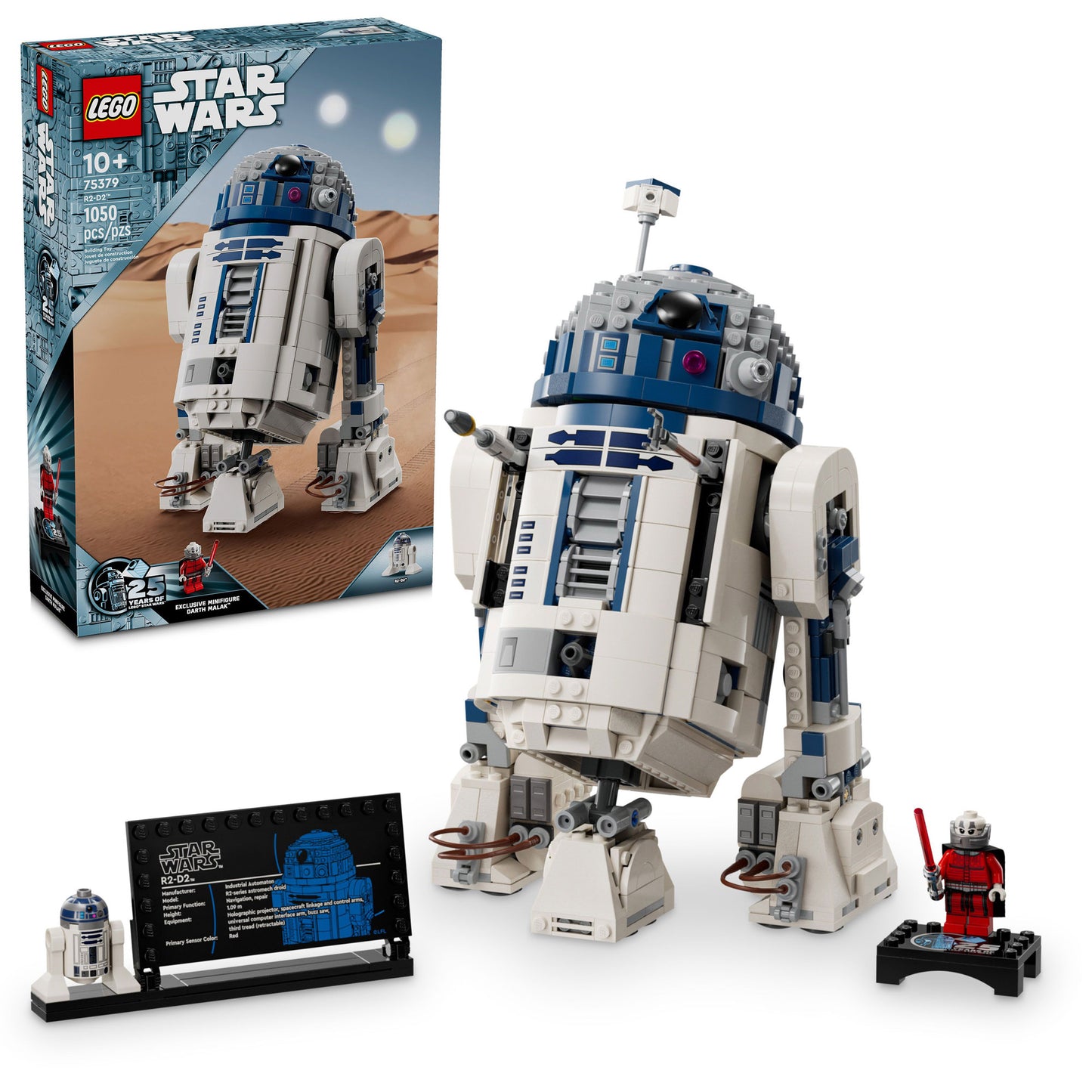 LEGO® R2-D2™ set with box, built model, display plaque, and 2 minifigures on stands.