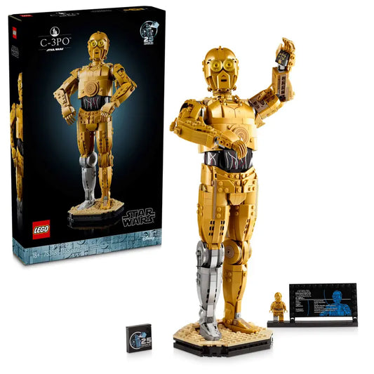Product Image – LEGO® C-3PO™ - ONLINE ONLY set with box, display plaque, and minifigure on a white background.