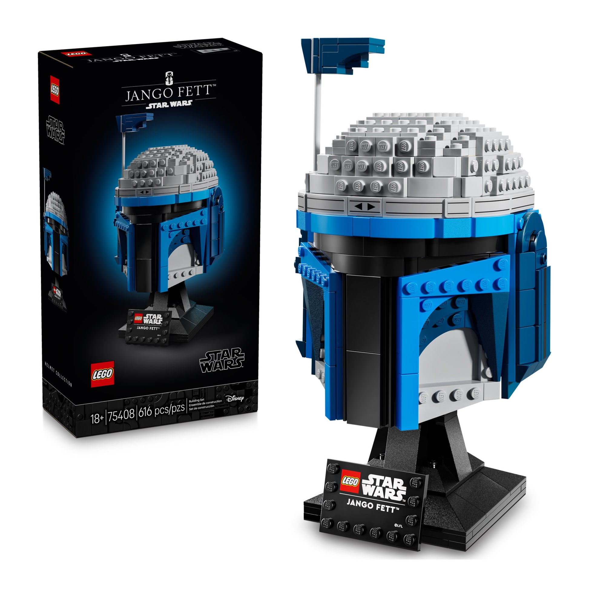 LEGO® Jango Fett™ Helmet - ONLINE ONLY buildable model with box and nameplate shown in front.