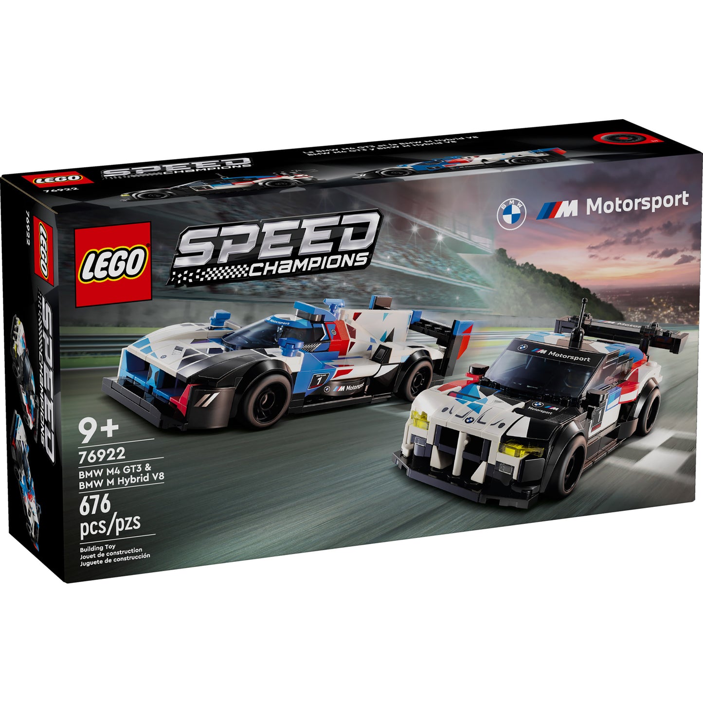 LEGO® BMW M4 GT3 & M Hybrid V8 Race Cars set for ages 9+, 676 pieces.