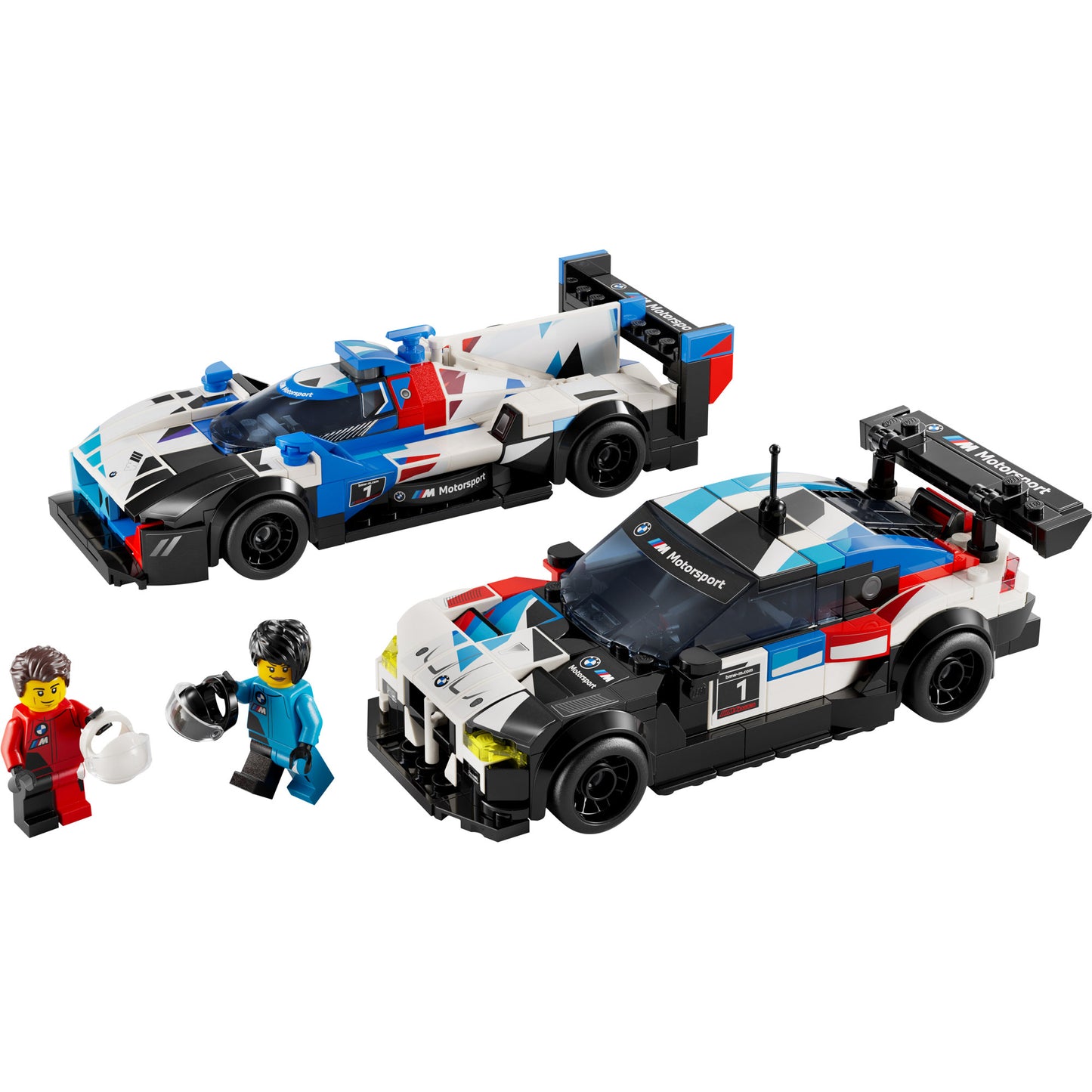 LEGO® BMW M4 GT3 & BMW M Hybrid V8 race cars with minifigures holding helmets are shown.
