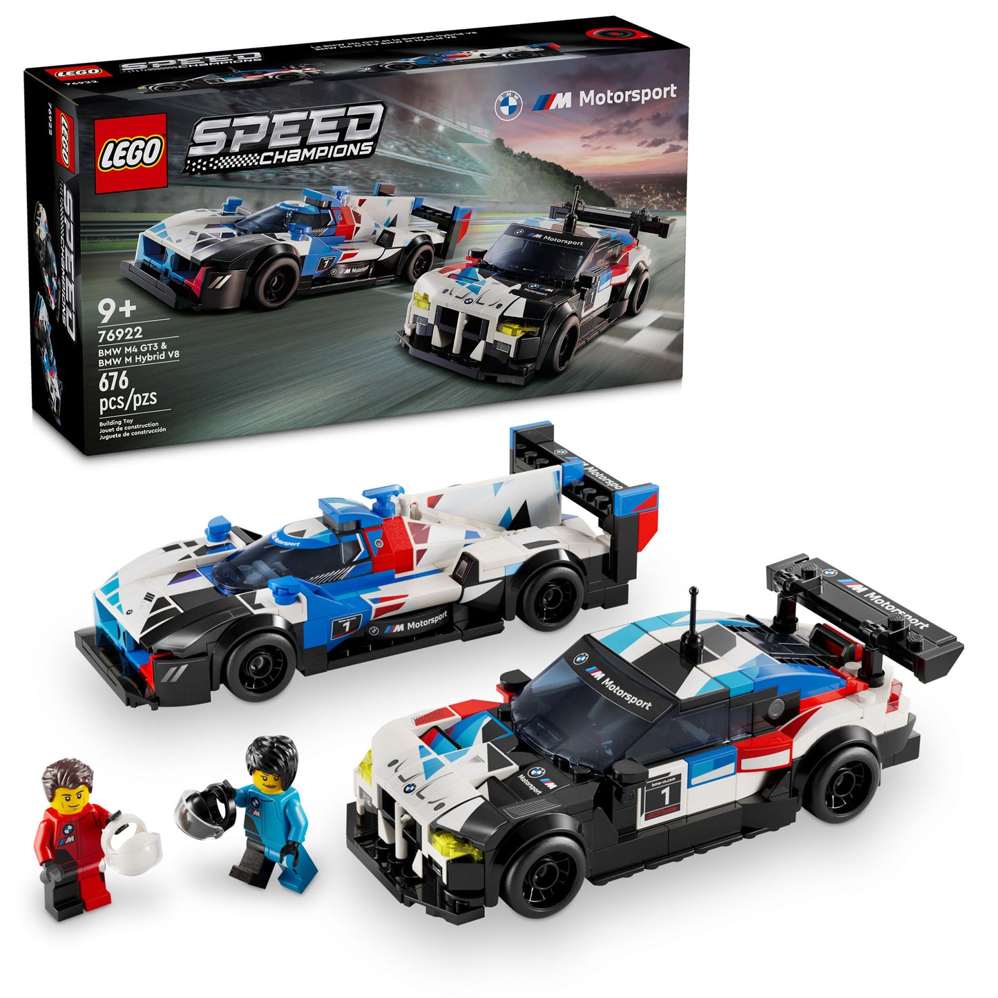 LEGO® BMW M4 GT3 & BMW M Hybrid V8 Race Cars set with 2 minifigures and box.