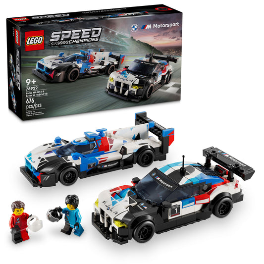 Product Image – LEGO® BMW M4 GT3 & BMW M Hybrid V8 Race Cars set with 2 minifigures and box.