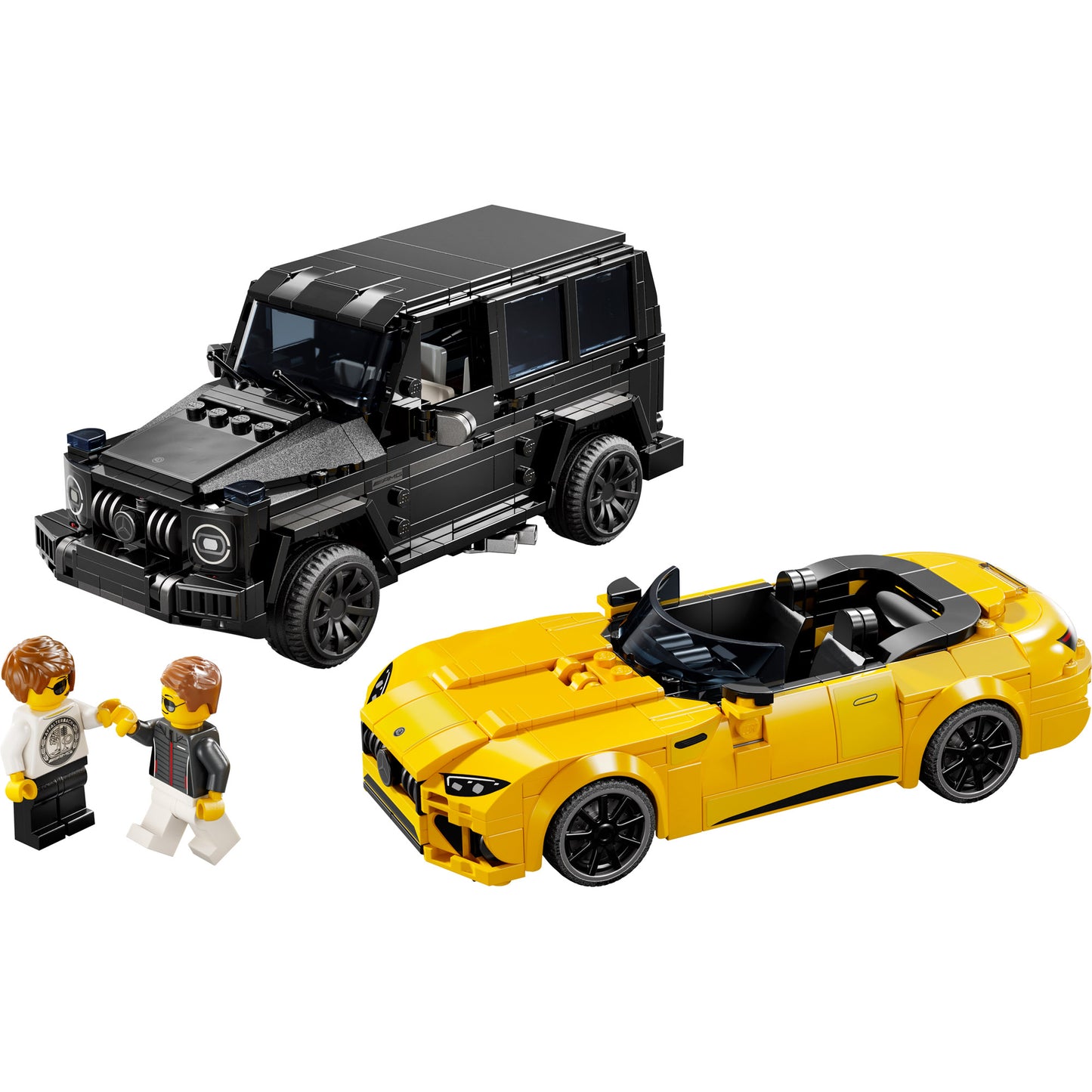 Two LEGO Mercedes-AMG G 63 & SL 63 model cars with two minifigures.