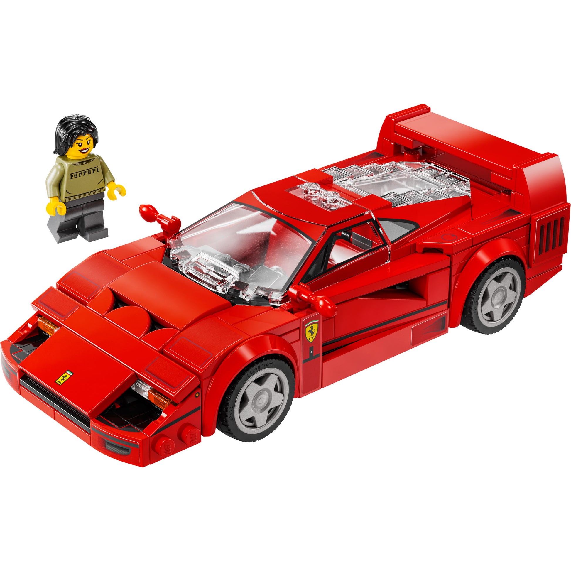LEGO® Ferrari F40 Supercar by LEGO with a smiling minifigure standing beside it.