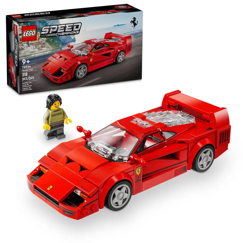 LEGO® Ferrari F40 Supercar with minifigure and box, shown on a white background.