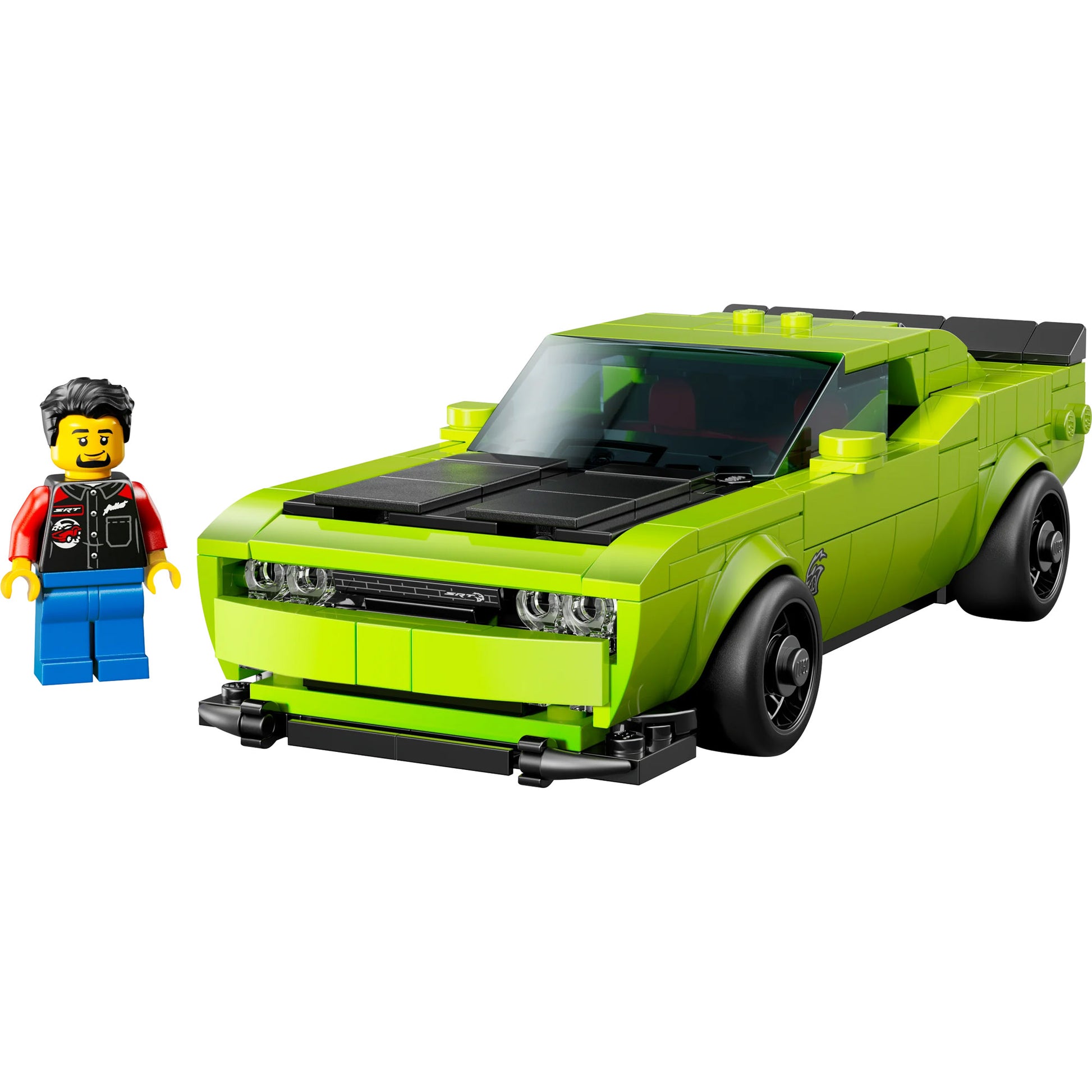 LEGO® Dodge Challenger SRT Hellcat sports car with black details and minifigure, LEGO Speed Champions style.