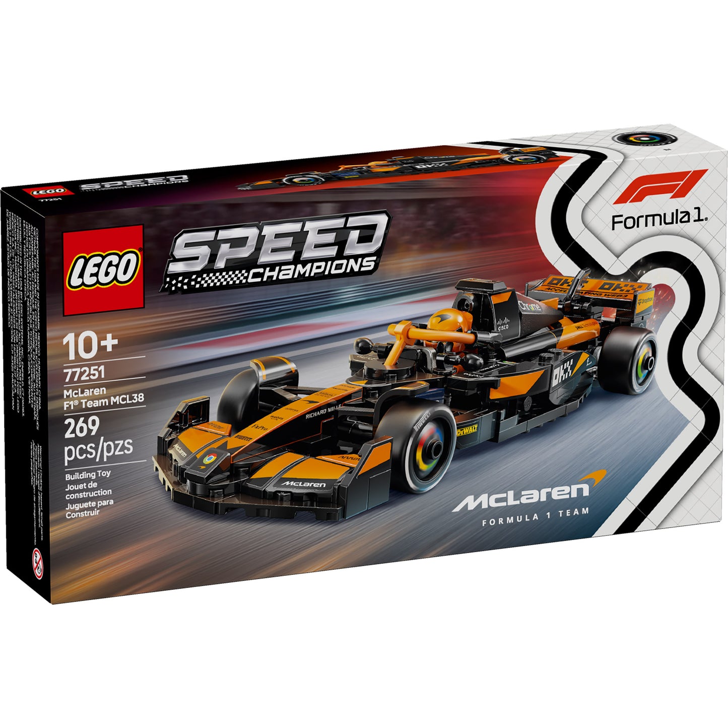 LEGO McLaren F1 Team MCL38 Race Car set, 260 pcs, ages 10+, box view.
