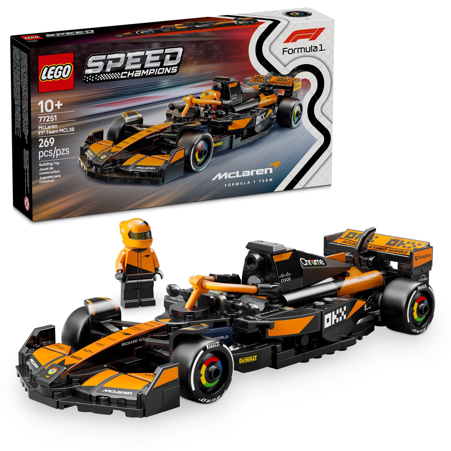 A LEGO® McLaren F1® Team MCL38 Race Car and box inspired by Formula 1.