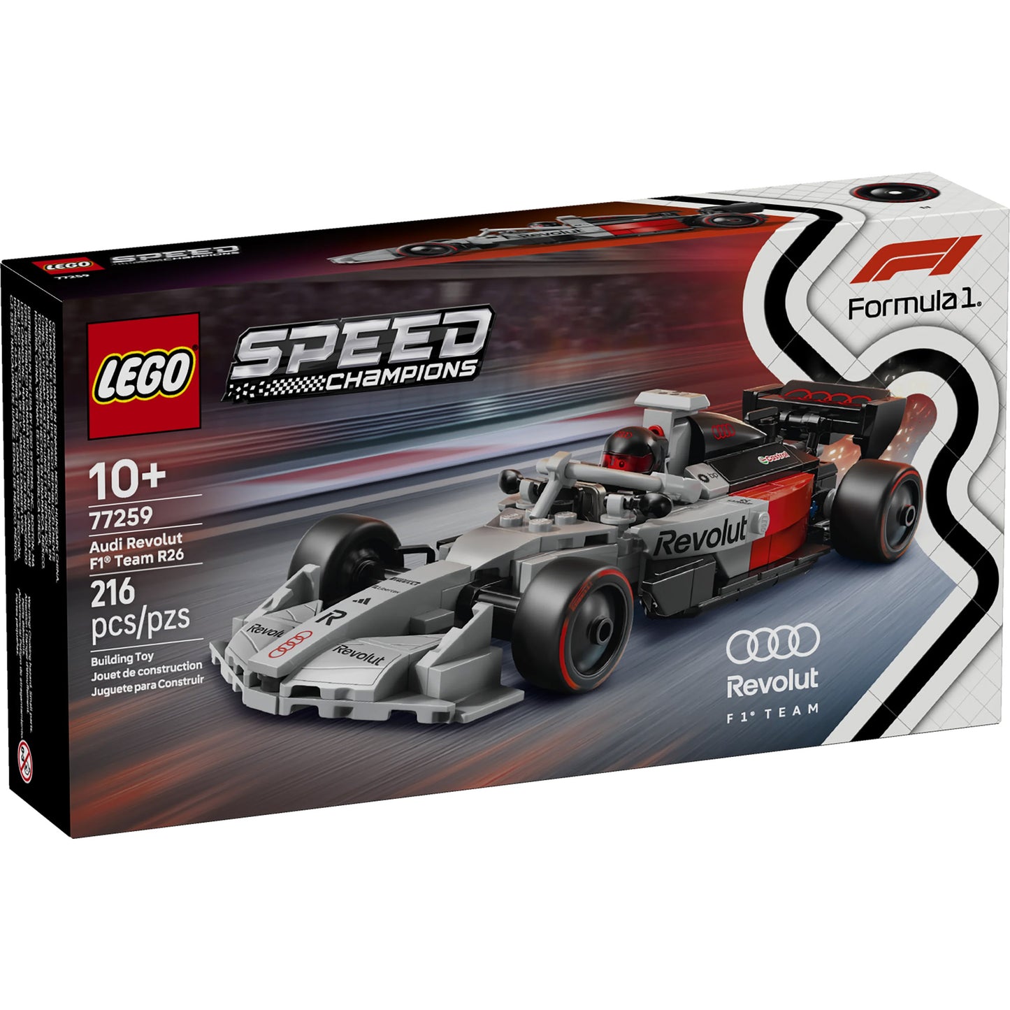 LEGO® Audi Revolut F1® Team R26 Race Car, 216 pcs, for ages 10+, ONLINE ONLY, shown in packaging.