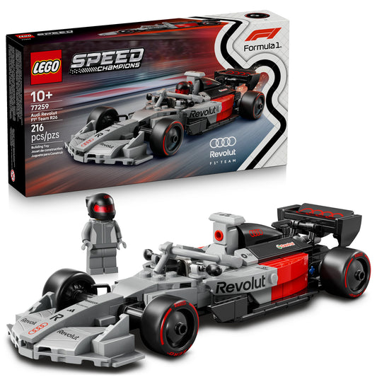 Product Image – LEGO® Audi Revolut F1® Team R26 Race Car set with minifigure, ONLINE ONLY. Box shown.