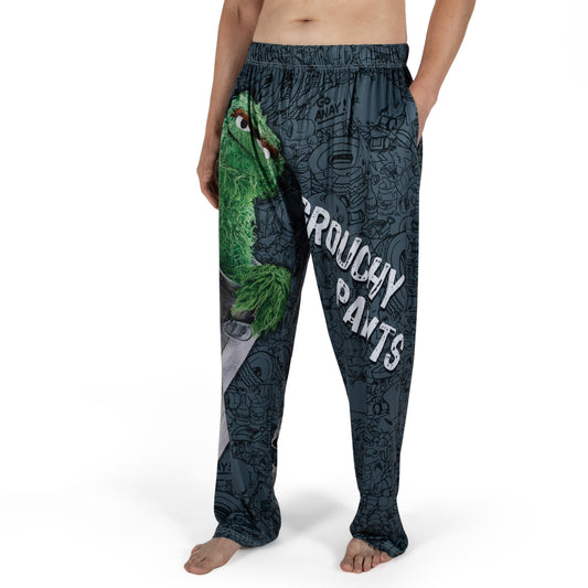 Product Image – Person wearing Brief Insanity Lounge Pants with Oscar the Grouch and "Grouchy Pants" on the left leg.