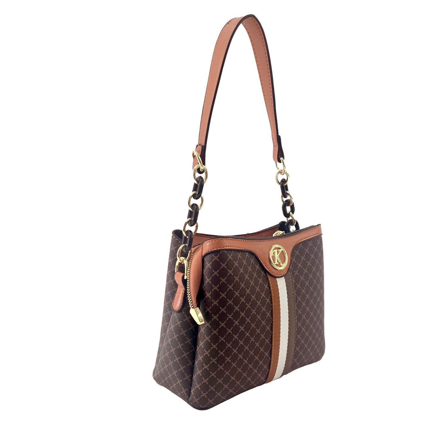 Miss Caprice Patterned Handbag with tan handle and top accent, angled view.