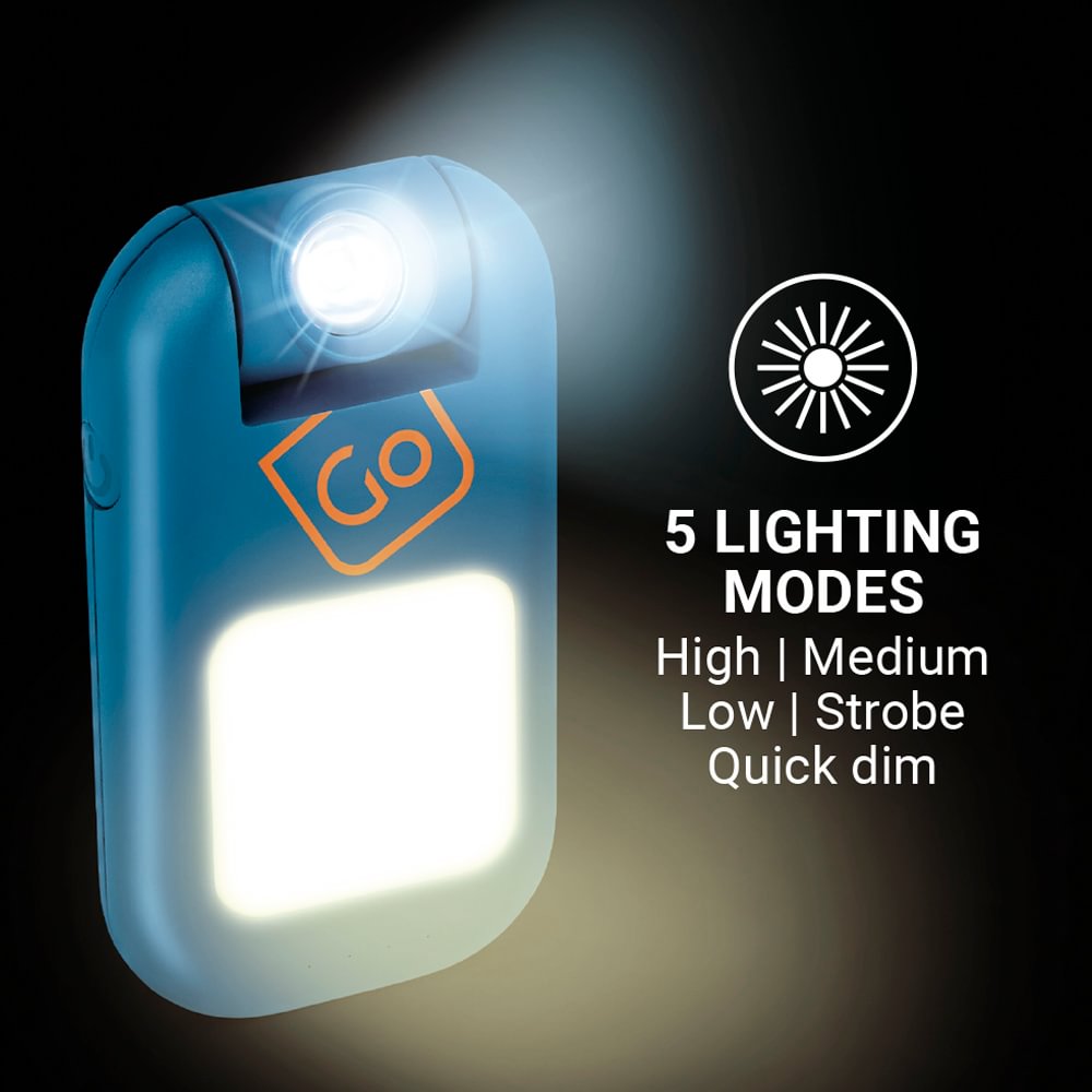 Go Travel Floodlight Wearable Torch by Go Travel: USB-C rechargeable, 5 modes—High, Medium, Low, Strobe, Dim.