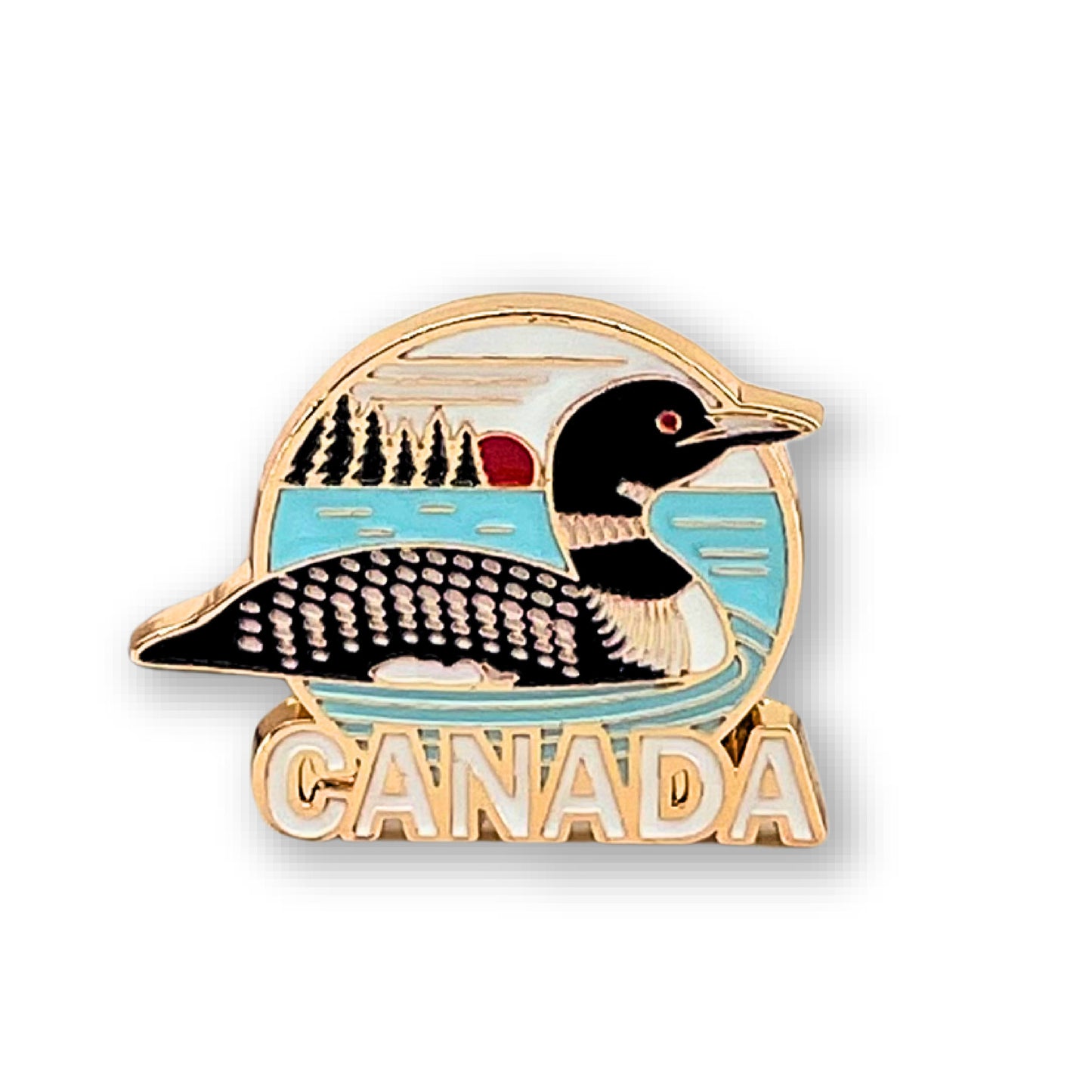 Northern Icons Twilight Loon Enamel Pin—a gold-accented Canadian accessory with loon, lake, and sunset.