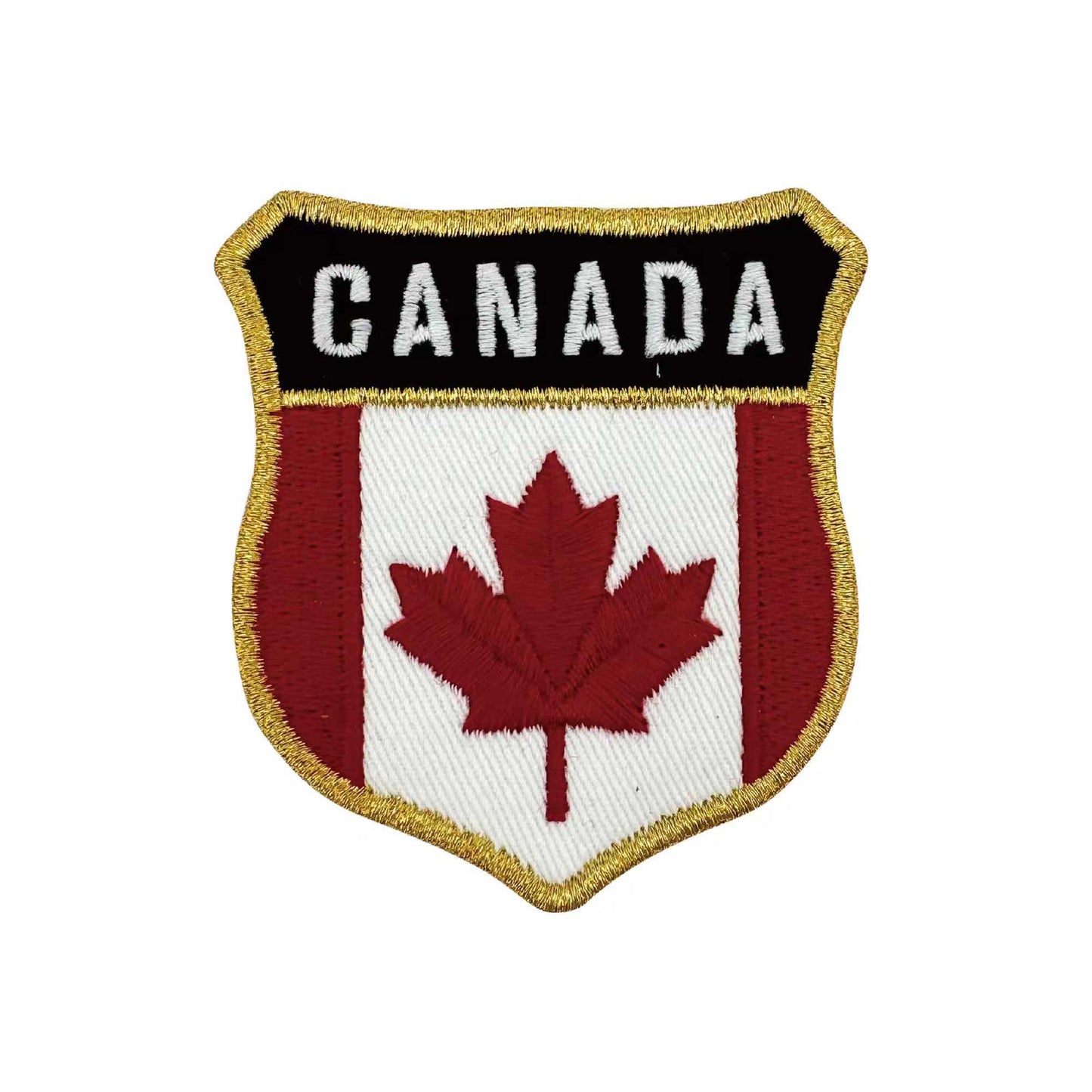 Northern Icons Canada Shield Iron-on Patch with "CANADA" and maple leaf, perfect for embroidery projects.