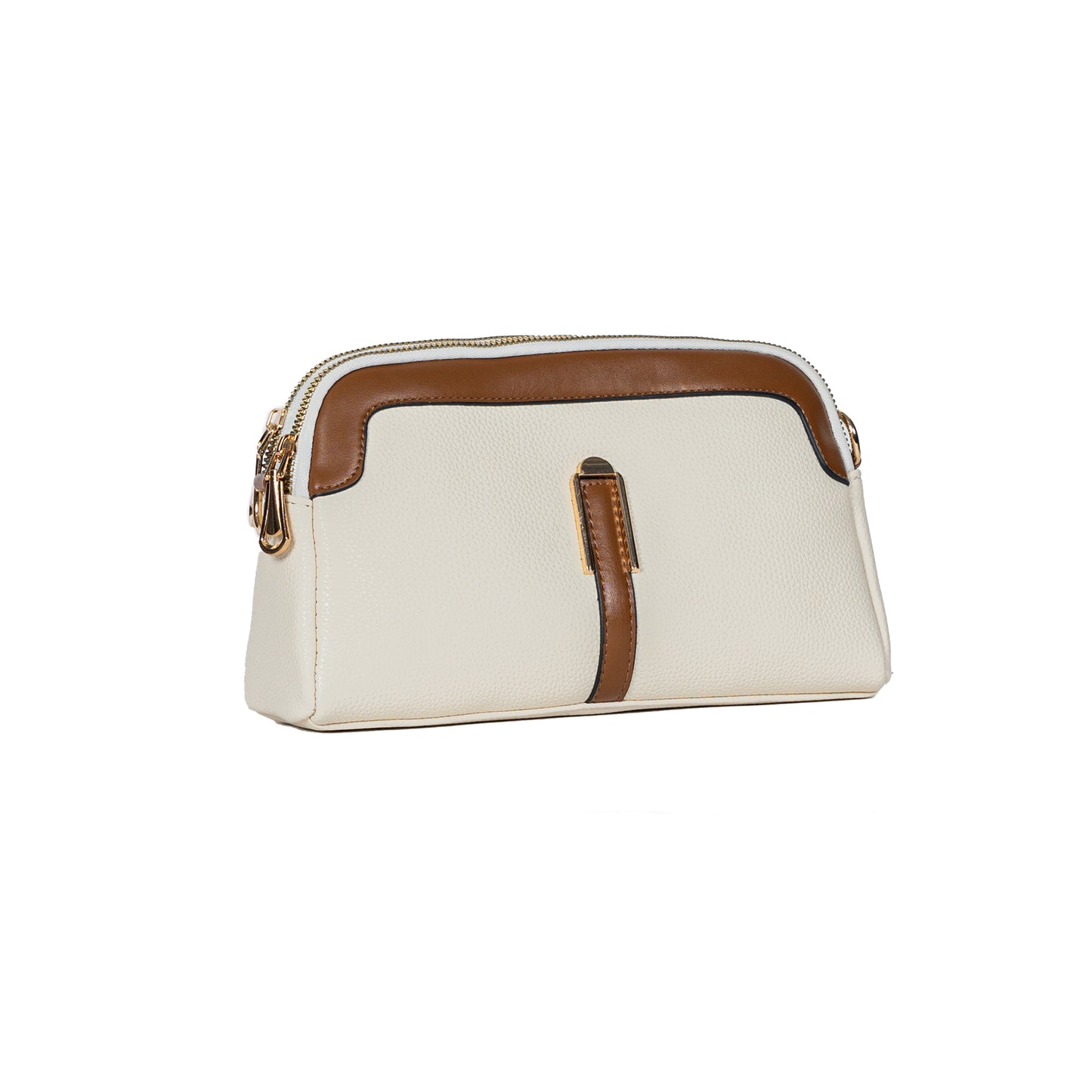 Miss Caprice Double Zip Crossbody, cream with tan faux leather details and gold accents, front angled view.