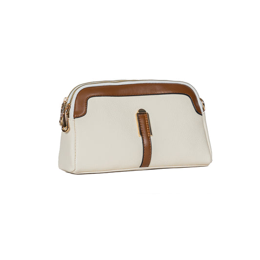 Product Image – Miss Caprice Double Zip Crossbody, cream with tan faux leather details and gold accents, front angled view.