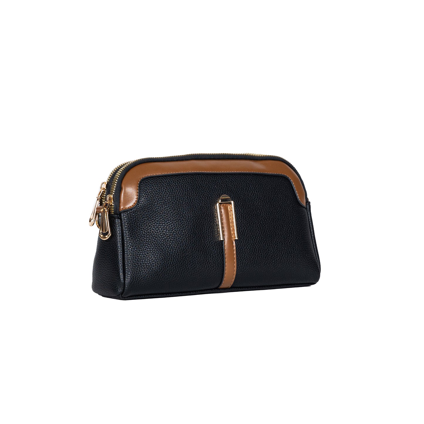 Miss Caprice Double Zip Crossbody, black with tan faux leather details and gold accents, front angled view.