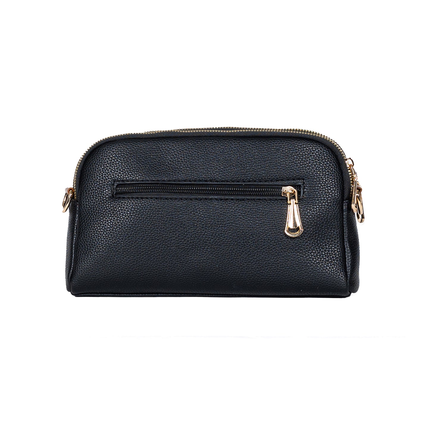 Miss Caprice Double Zip Crossbody, black, back view with horizontal zipper.