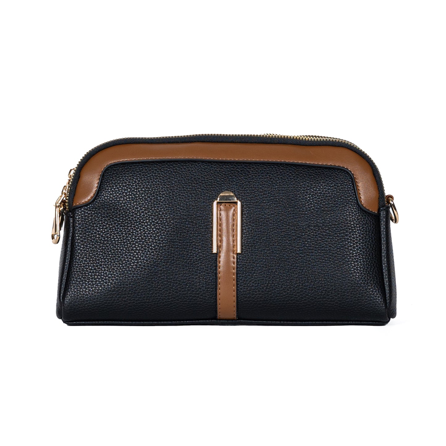 Miss Caprice Double Zip Crossbody, black with tan faux leather details and gold accents, front view.