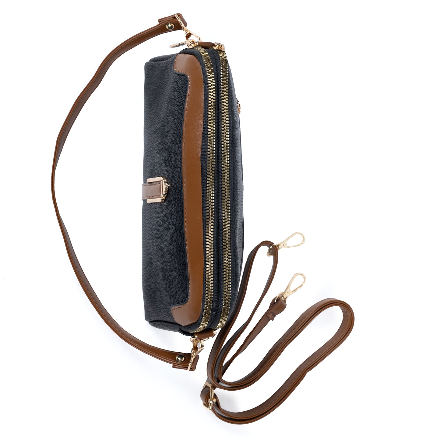 Miss Caprice Double Zip Crossbody, black with tan faux leather details and gold accents, top view.
