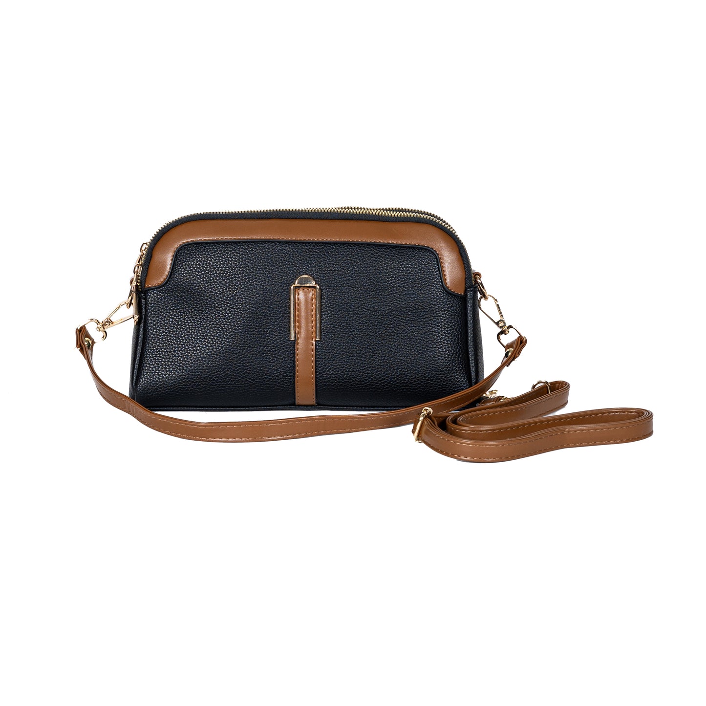 Miss Caprice Double Zip Crossbody, black with tan faux leather details and gold accents, front view with matching tan strap beside.