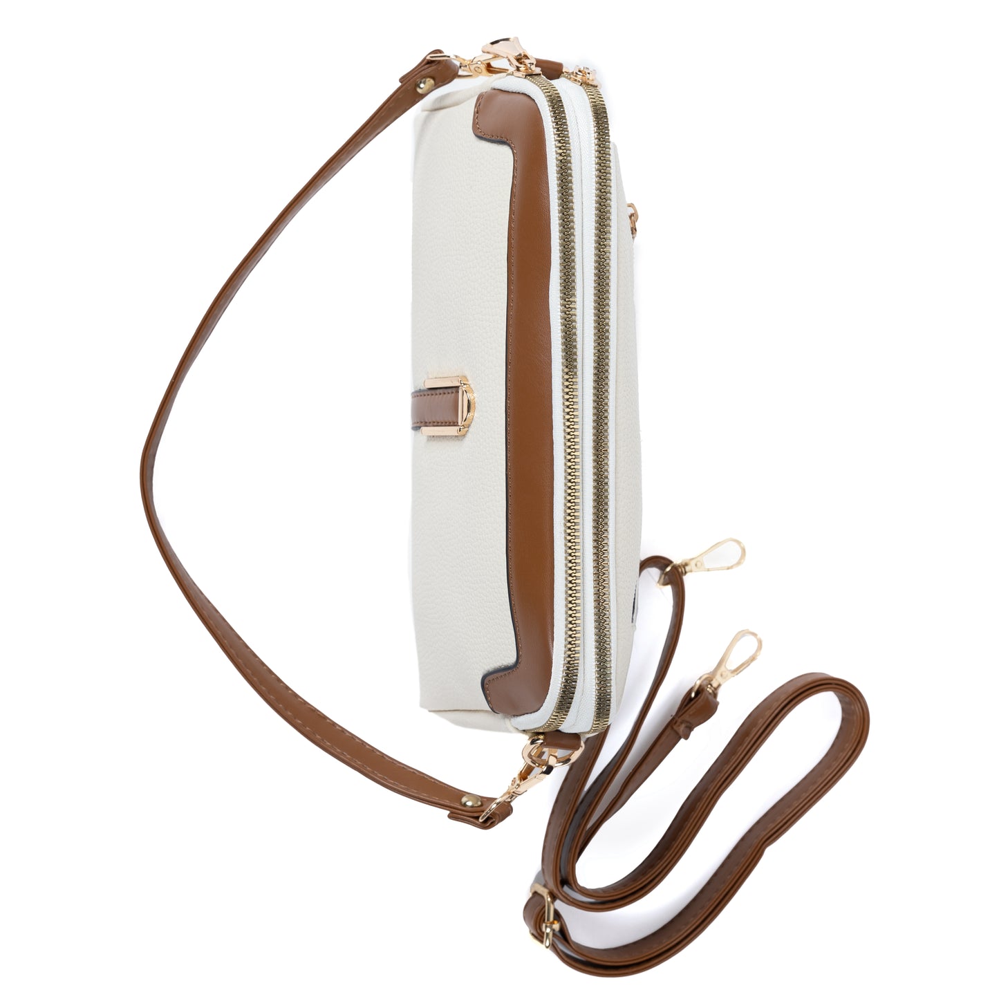 Miss Caprice Double Zip Crossbody, cream with tan faux leather details and gold accents, top view.