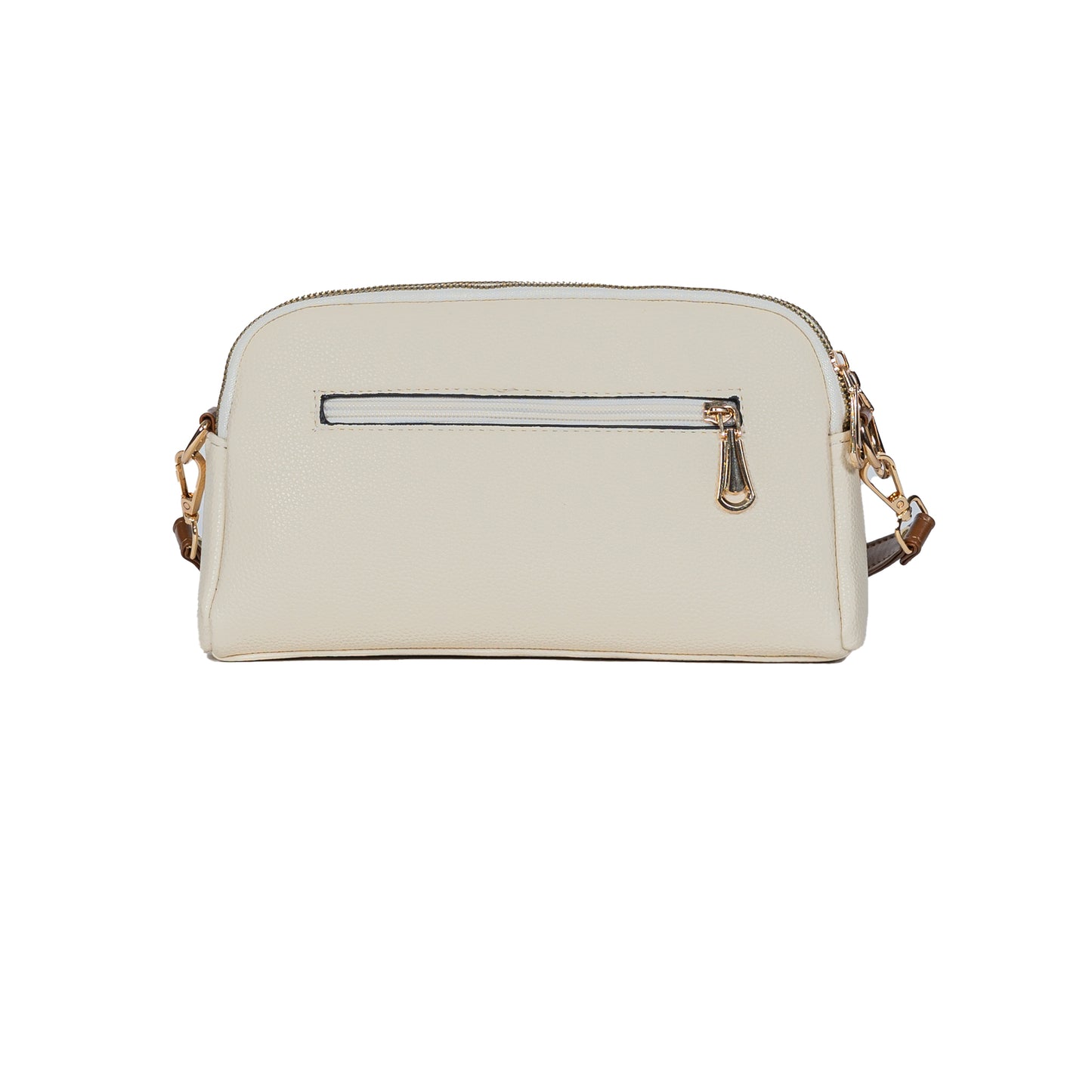 Miss Caprice Double Zip Crossbody, cream, back view with horizontal zipper.