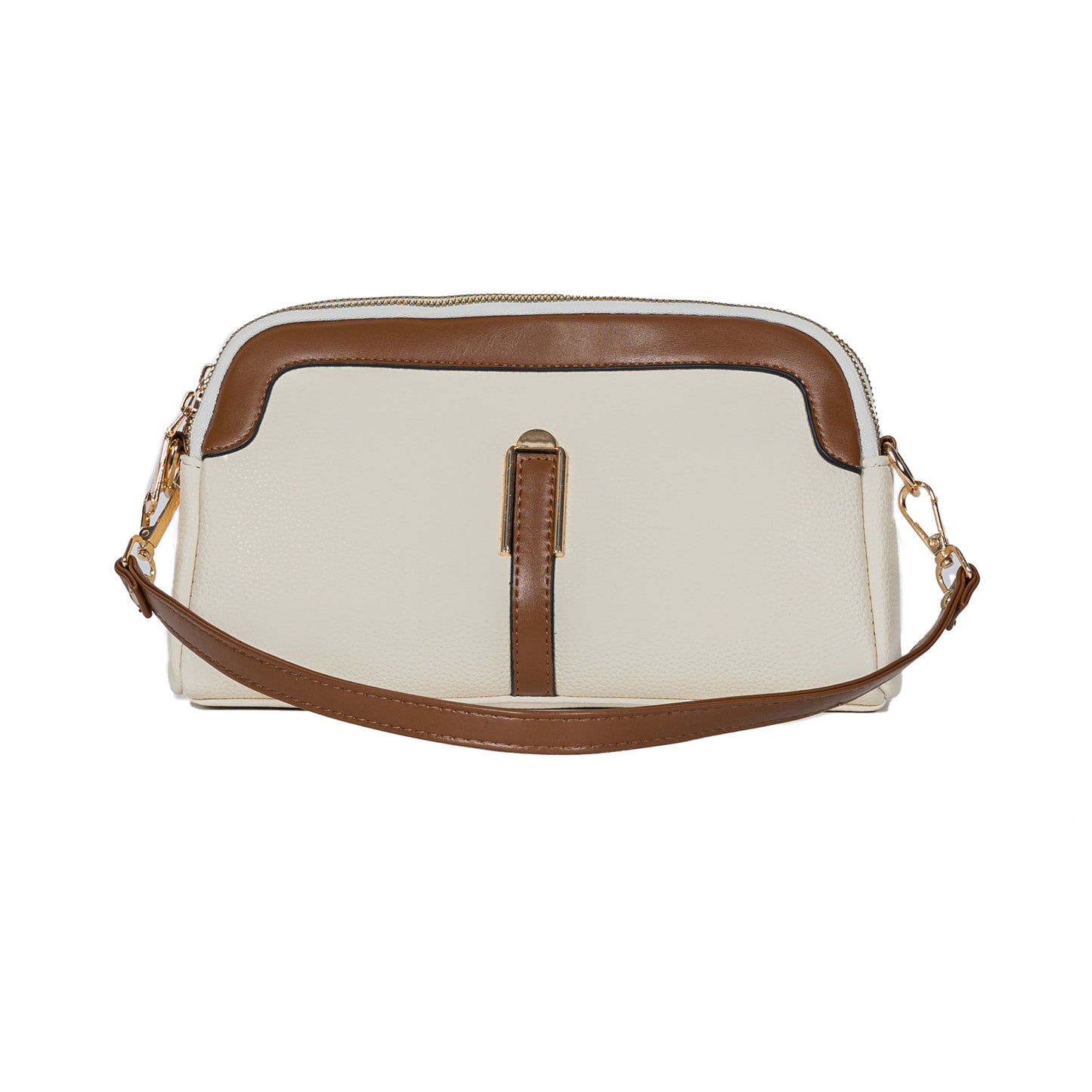 Miss Caprice Double Zip Crossbody, cream with tan faux leather details and gold accents, front view.