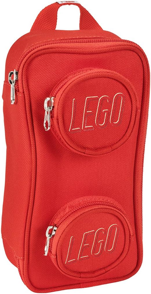 The LEGO® Brick Pouch - ONLINE ONLY is a red, recycled-fabric case with two zip compartments for school supplies.