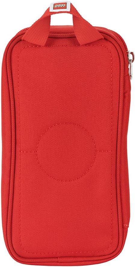 Back view of the LEGO® Brick Pouch - ONLINE ONLY by LEGO is a red zippered pouch with handle for school supplies.