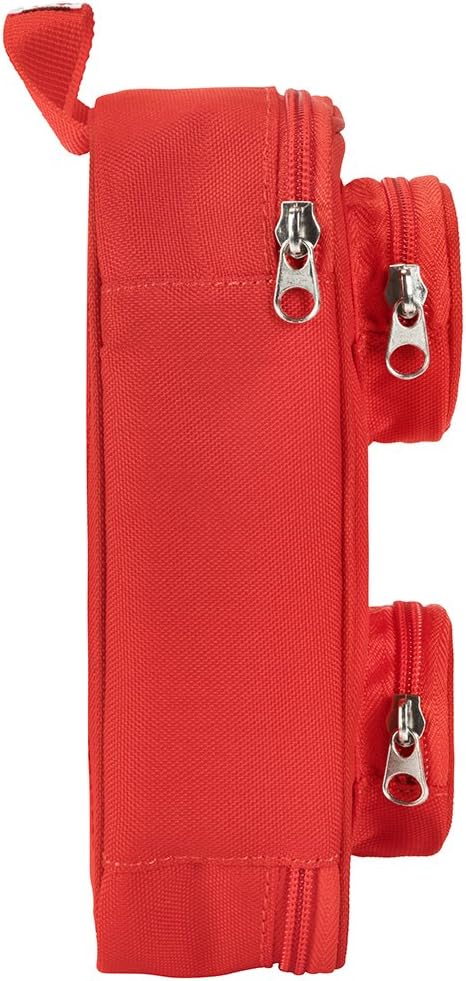 Side view of the LEGO® Brick Pouch in red recycled fabric with three zippered compartments for school supplies.