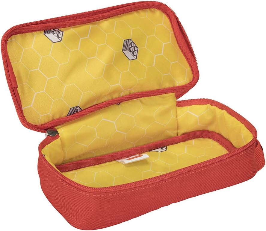 Inside view of LEGO® Brick Pouch by LEGO in red, made from recycled fabric with honeycomb interior, perfect for school.