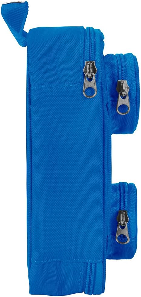 Side view of LEGO® Brick Pouch in Blue - a rectangular pouch with two zippered compartments and side fabric loop.