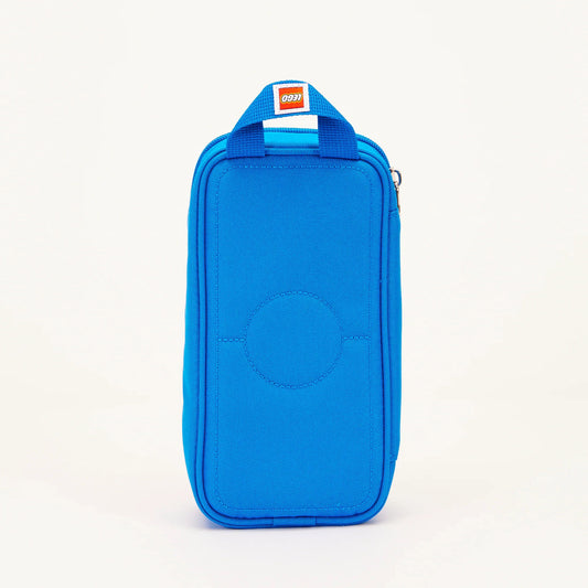 Product Image – Blue rectangular LEGO® Brick Simple Pouch with a circular detail on the front and a carrying handle.