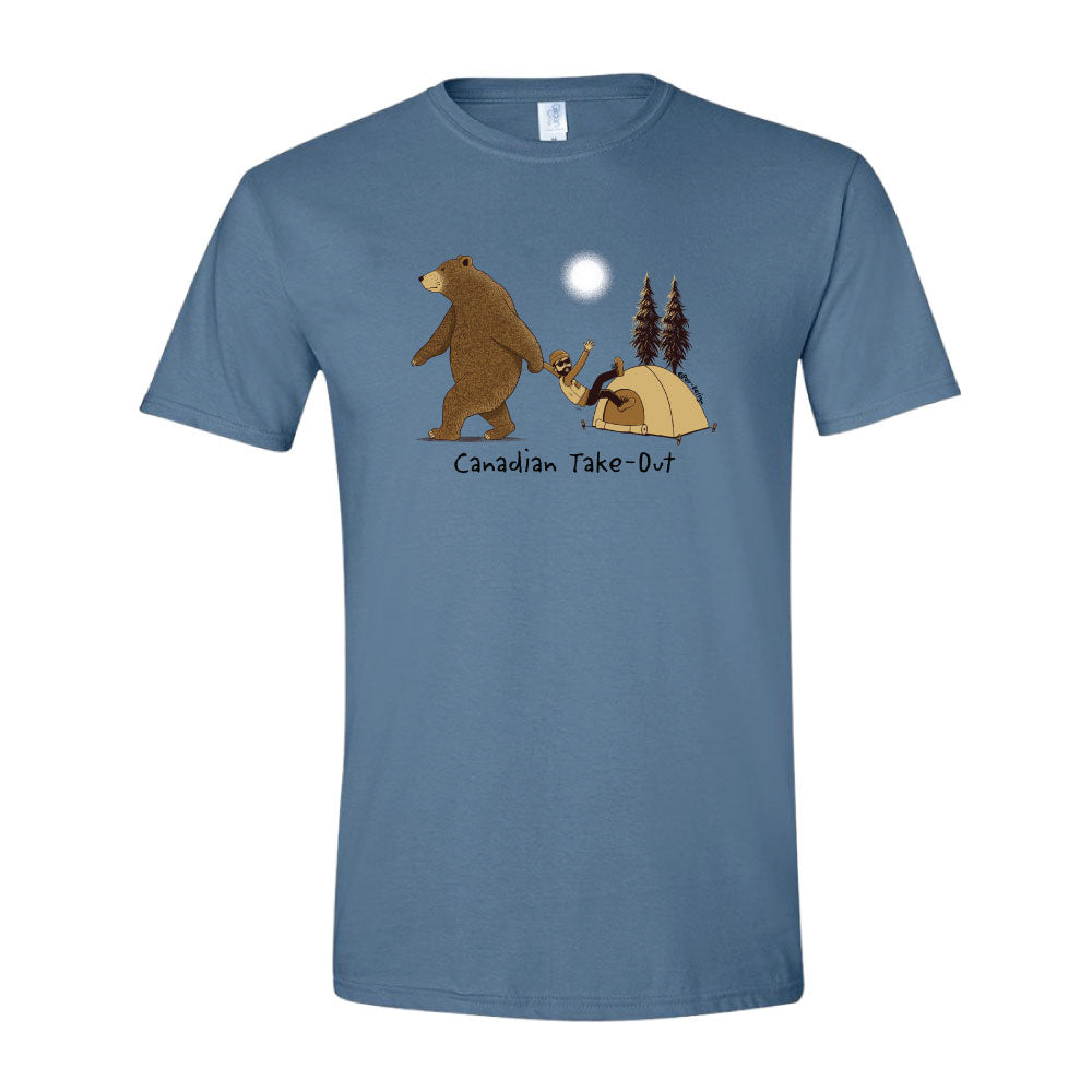 Unisex Soft Style T-Shirt in indigo blue with cartoon image of bear dragging a person out of a tent with words below that read Canadian Take-Out